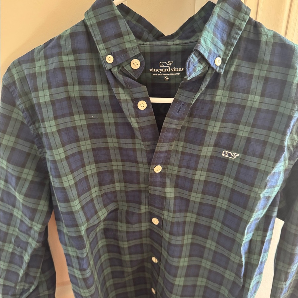 Vineyard Vines Kids Green and Blue Plaid Button-Down Shirt